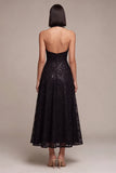 Abito formale A-Line A senza schiena a scollo con paillettes, vestito formale Midi
