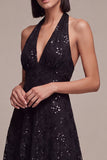 Abito formale A-Line A senza schiena a scollo con paillettes, vestito formale Midi