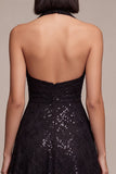 Abito formale A-Line A senza schiena a scollo con paillettes, vestito formale Midi