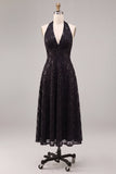Abito formale A-Line A senza schiena a scollo con paillettes, vestito formale Midi