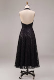 Abito formale A-Line A senza schiena a scollo con paillettes, vestito formale Midi