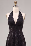 Abito formale A-Line A senza schiena a scollo con paillettes, vestito formale Midi