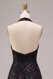 Abito formale A-Line A senza schiena a scollo con paillettes, vestito formale Midi
