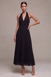 Abito elegante Maxi a pieghe neri in chiffon con scollo a scollo a linea pieghe