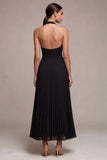 Abito elegante Maxi a pieghe neri in chiffon con scollo a scollo a linea pieghe