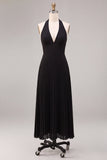 Abito elegante Maxi a pieghe neri in chiffon con scollo a scollo a linea pieghe