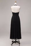 Abito elegante Maxi a pieghe neri in chiffon con scollo a scollo a linea pieghe