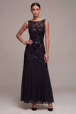 Abito elegante Maxi a linea di chiffon nero, paillettes con scollo batello,