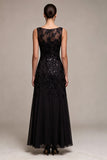 Abito elegante Maxi a linea di chiffon nero, paillettes con scollo batello,