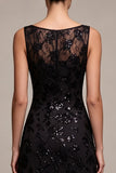 Abito elegante Maxi a linea di chiffon nero, paillettes con scollo batello,