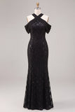 Abito formale Maxi con paillettes nere a paillettes nere sirena