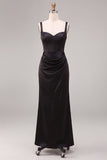 Sirena nera in raso con spalline spesse e abito formale lungo