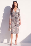 Vestito da lavoro grigio a maniche floreali 3/4 midi