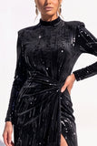 Abito da festa nero con scollo alto e paillettes con fessura