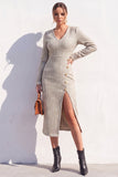 Bodycon Midi blu in Tweed a V con spacco