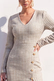 Bodycon Midi blu in Tweed a V con spacco