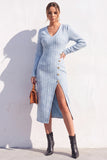 Bodycon Midi blu in Tweed a V con spacco