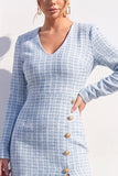Bodycon Midi blu in Tweed a V con spacco