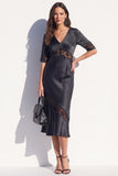 Bodycon Abito Midi in Pizzo Nero di Raso con Maniche Corte