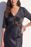 Bodycon Abito Midi in Pizzo Nero di Raso con Maniche Corte