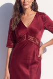 Bodycon Abito Midi in Pizzo Nero di Raso con Maniche Corte
