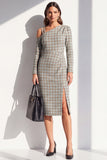Abito da lavoro midi a maniche lunghe in tweed nero a spalle fredde