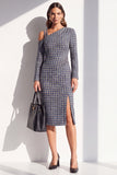 Abito da lavoro midi a maniche lunghe in tweed nero a spalle fredde