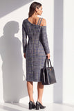 Abito da lavoro midi a maniche lunghe in tweed nero a spalle fredde
