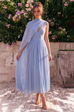 Abito midi senza maniche a V in chiffon blu in chiffon con mantello