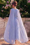 Abito midi senza maniche a V in chiffon blu in chiffon con mantello