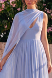 Abito midi senza maniche a V in chiffon blu in chiffon con mantello