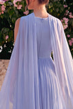 Abito midi senza maniche a V in chiffon blu in chiffon con mantello