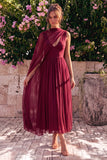 Abito midi senza maniche a V in chiffon blu in chiffon con mantello