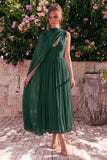Abito midi senza maniche a V in chiffon blu in chiffon con mantello