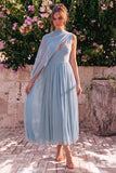 Abito midi senza maniche a V in chiffon blu in chiffon con mantello