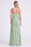 Dusty Sage Corset senza spalline sirena in chiffon arricciata lungo vestito da damigella d'onore floreale con fessura