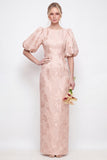 Blush Pink Bodycon maniche a sbuffo floreali a sbuffo abito da damigella lungo con fessura