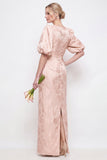 Blush Pink Bodycon maniche a sbuffo floreali a sbuffo abito da damigella lungo con fessura