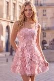 Abito corto di cocktail rosa a scollo quadrato a scollo quadrato con appliche