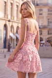 Abito corto di cocktail rosa a scollo quadrato a scollo quadrato con appliche