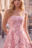 Abito corto di cocktail rosa a scollo quadrato a scollo quadrato con appliche