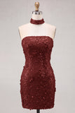 Abito corto di cocktail bodycon senza paillettes dorati con pizzo sulla schiena