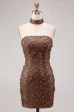 Abito corto di cocktail bodycon senza paillettes dorati con pizzo sulla schiena