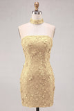 Abito corto di cocktail bodycon senza paillettes dorati con pizzo sulla schiena