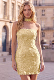 Abito corto di cocktail bodycon senza paillettes dorati con pizzo sulla schiena