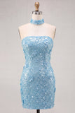 Abito corto di cocktail bodycon senza paillettes dorati con pizzo sulla schiena