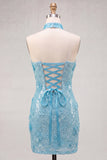 Abito corto di cocktail bodycon senza paillettes dorati con pizzo sulla schiena