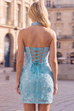 Abito corto di cocktail bodycon senza paillettes dorati con pizzo sulla schiena