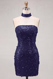 Abito corto di cocktail bodycon senza paillettes dorati con pizzo sulla schiena