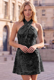 Abito corto blu a scollo halter a A-line floreale per il ritorno a casa con paillettes